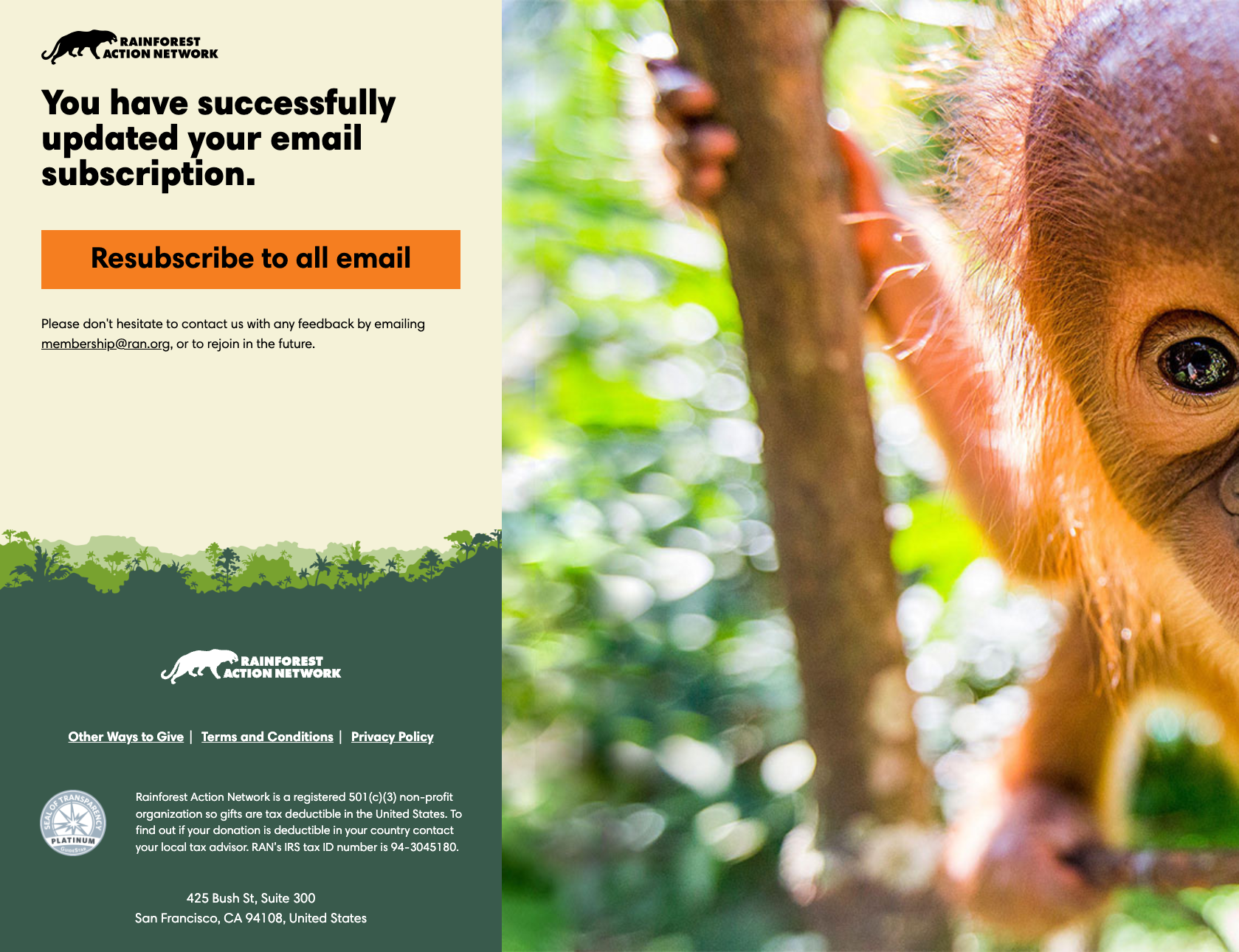 Rainforest Action Network Resubscribe Page