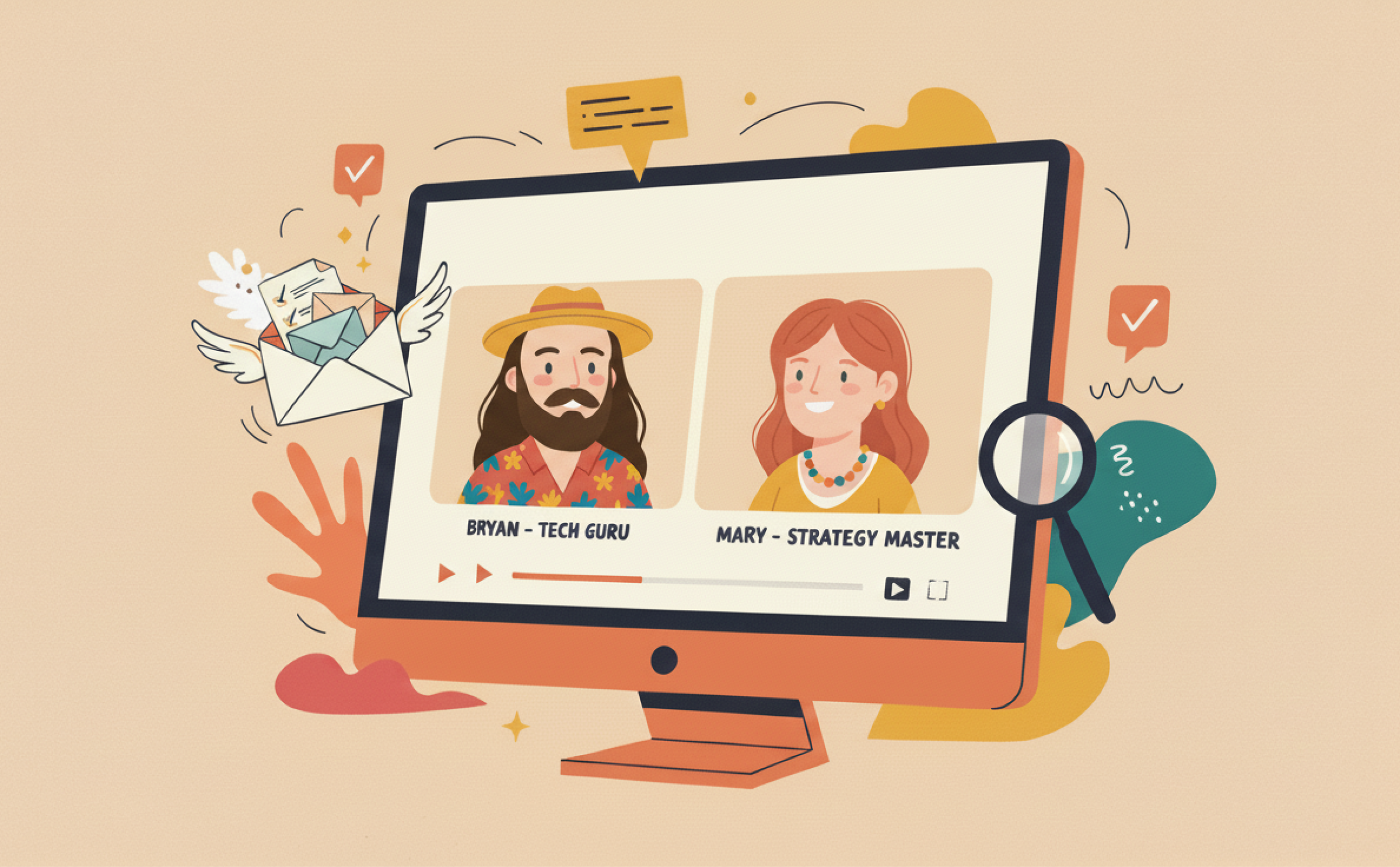 Desktop computer screen showing Bryan and Mary on video with illustrations of email components